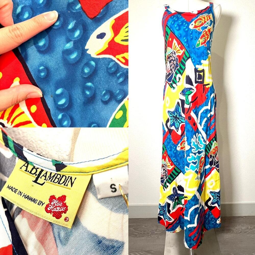 Hilo Hattie Ablambdin Hawaii 90s Vintage Funky Maxi Dress Print Droplet Fish SML - Picture 2 of 2
